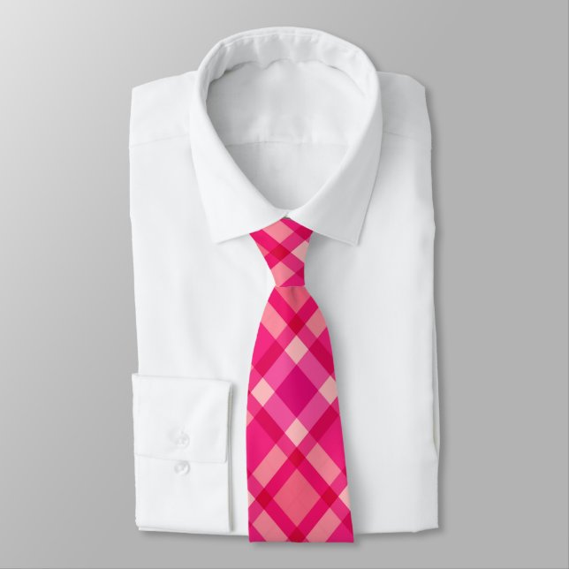 Mid-Century Modern Plaid, Fuchsia Pink & Coral Red Tie (Tied)