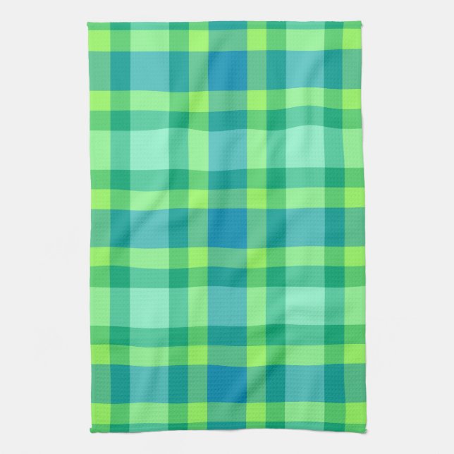 Mid-Century Modern Plaid - Jade green and Blue Kitchen Towel (Vertical)