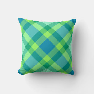 Mid-Century Modern Plaid - Jade green and Blue Throw Pillow