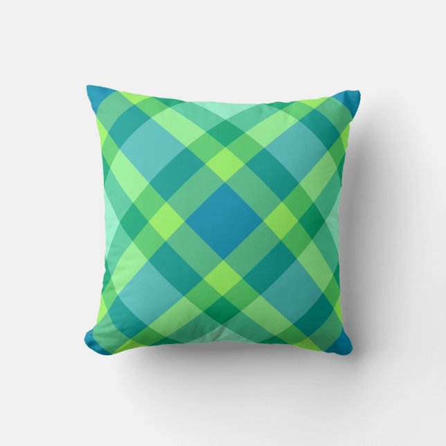 Mid-Century Modern Plaid - Jade green and Blue Throw Pillow (Front)