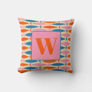 Mid Century Modern Pop Fish Pattern with Initial Throw Pillow