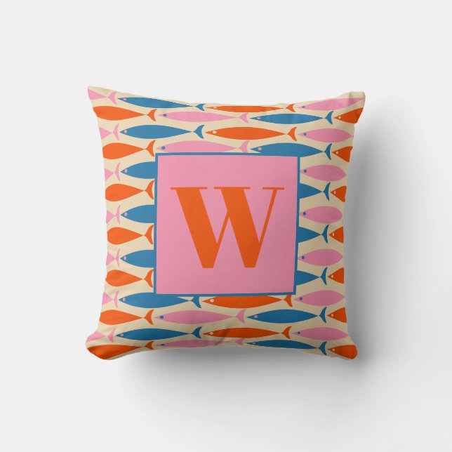 Mid Century Modern Pop Fish Pattern with Initial Throw Pillow (Front)