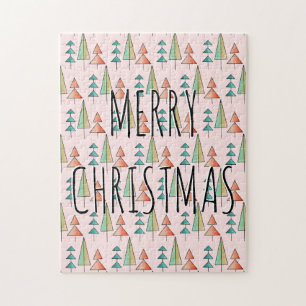 mid century modern rainbow trees blush teal simple jigsaw puzzle