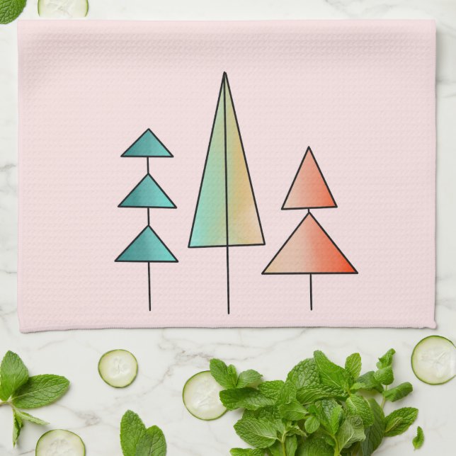 mid century modern rainbow trees blush teal simple kitchen towel (Folded)