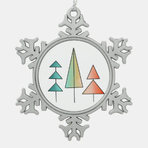 mid century modern rainbow trees blush teal simple snowflake pewter christmas ornament