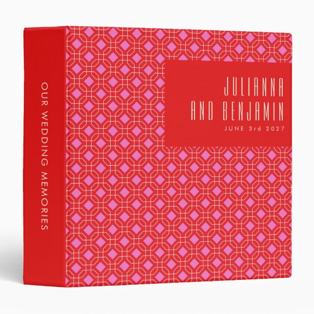 Mid Century Modern Red and Pink Geometric Wedding  Binder (Front/Spine)