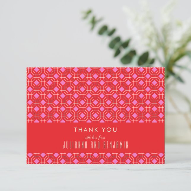 Mid Century Modern Red and Pink Geometric Wedding Thank You Card (Standing Front)
