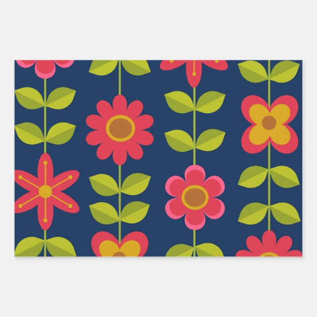 Mid Century Modern red flowers with leaves  Wrapping Paper Sheet (Front)