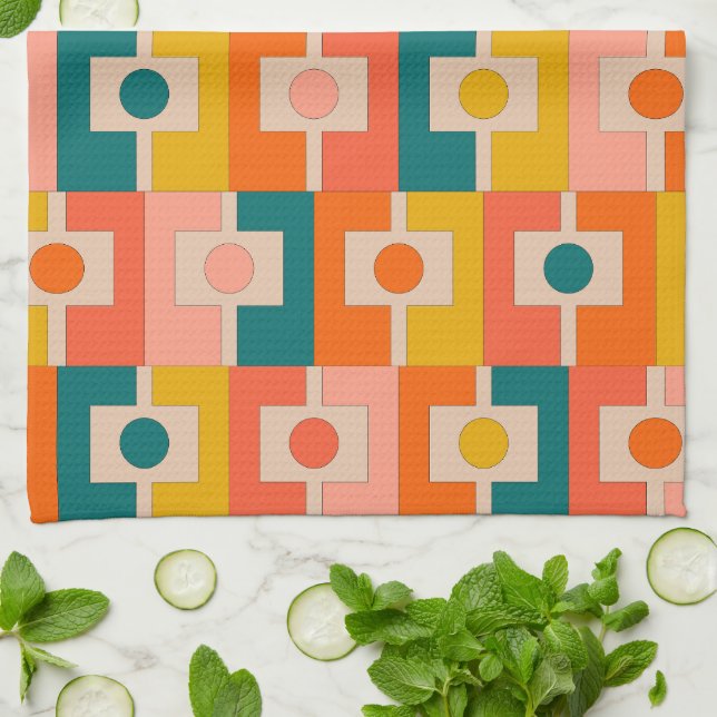 Mid Century Modern Rektangel Geometric Pattern Kitchen Towel (Folded)