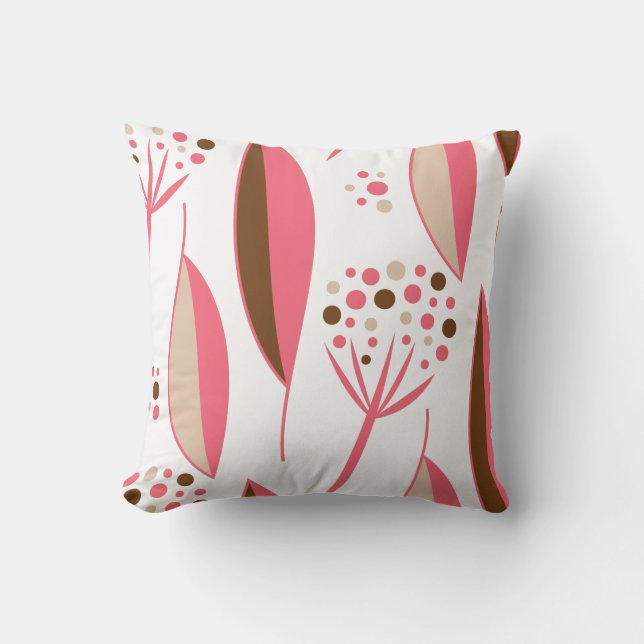 Mid-Century Modern Retro 1950s Pink and Brown Leaf Throw Pillow (Front)