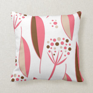Mid-Century Modern Retro 1950s Pink and Brown Leaf Throw Pillow