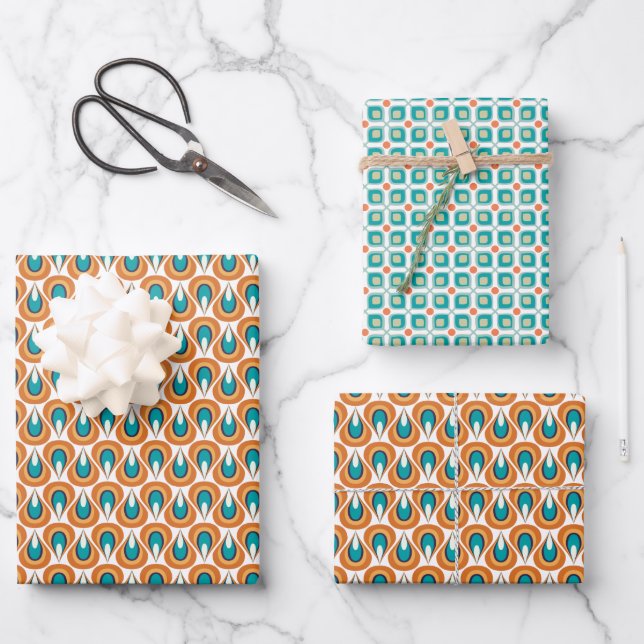 Mid Century Modern Retro 1970s Inspired Flame Wrapping Paper Sheet (Front)