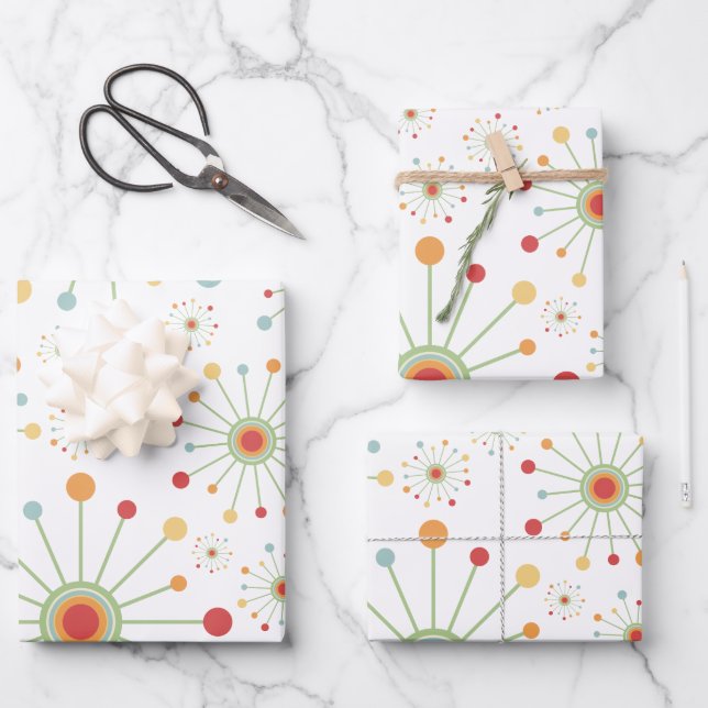 Mid Century Modern Retro 1970s Inspired Sun Burst Wrapping Paper Sheet (Front)