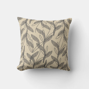 Mid Century Modern Retro Botanical Grey Beige Throw Pillow