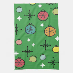 Mid Century Modern Retro Christmas Art Green Kitchen Towel