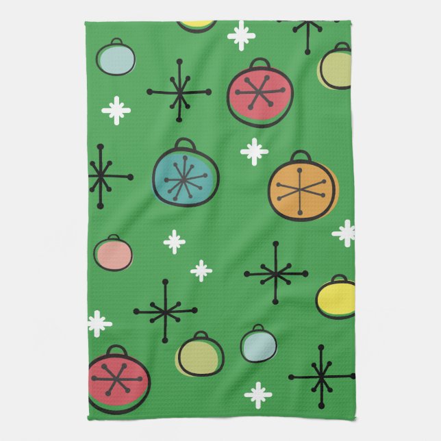 Mid Century Modern Retro Christmas Art Green Kitchen Towel (Vertical)