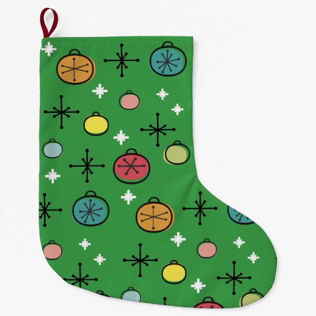 Mid Century Modern Retro Christmas Art Green Large Christmas Stocking (Front)