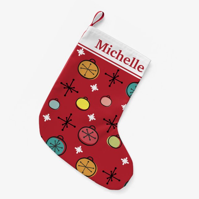Mid Century Modern Retro Christmas Art Red Small Christmas Stocking (Front (Hanging))