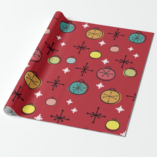 Mid Century Modern Retro Christmas Art Red Wrapping Paper (Unrolled)