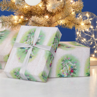 Mid Century Modern Retro Christmas Bells Holly Wrapping Paper