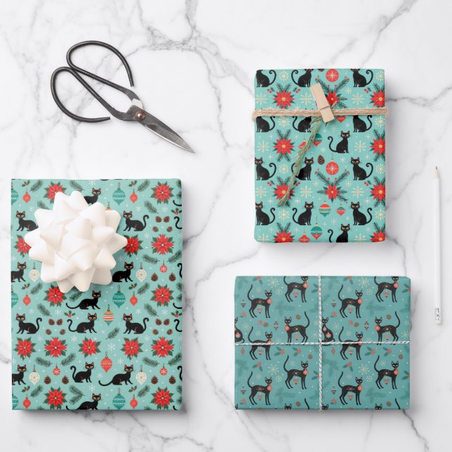Mid Century Modern Retro Christmas Cat Gift Wrap (Front)