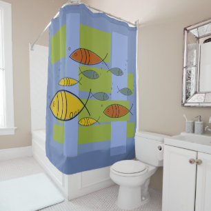 Mid Century Modern Retro Fish Swimming on Blue