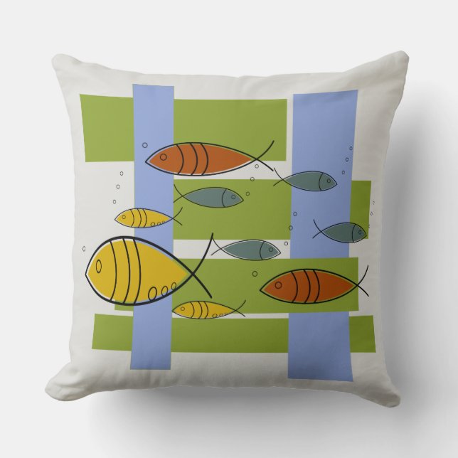 Mid Century Modern Retro Fish Swimming on Grey Throw Pillow (Front)