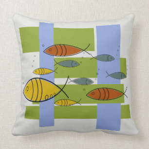 Mid Century Modern Retro Fish Swimming on Grey Throw Pillow