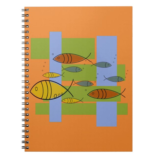 Mid Century Modern Retro Fish Swimming on Orange Notebook (Front)