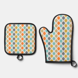 Mid-Century Modern Retro Geometric Circles Pattern Oven Mitt & Pot Holder Set