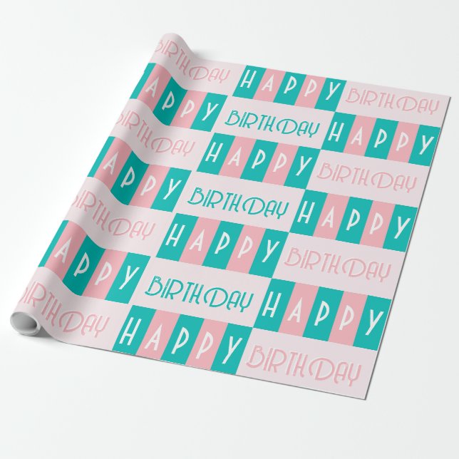Mid-Century Modern Retro Happy Birthday Pink Blue Wrapping Paper (Unrolled)