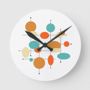Mid Century Modern Retro Orange Turquoise Circles Round Clock
