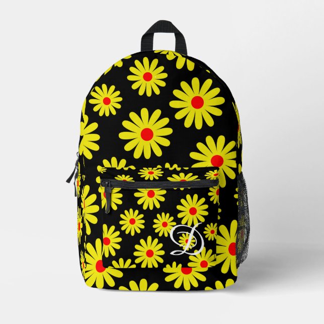 mid century modern retro orange yellow daisies printed backpack (Front)