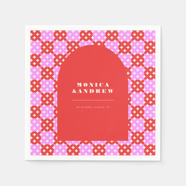 Mid Century Modern Retro Red & Pink Arch Geometric Napkin (Front)