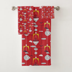 Mid Century Modern Retro Red Yellow White Atomic Bath Towel Set