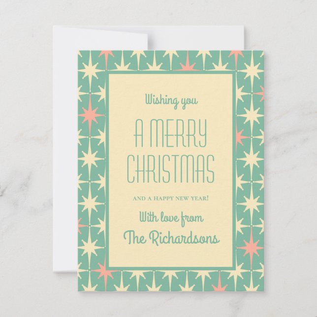Mid Century Modern Retro Stars Christmas Teal Pink Holiday Card (Front)