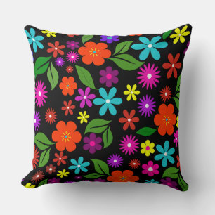 mid century modern retro vibrant floral black throw pillow