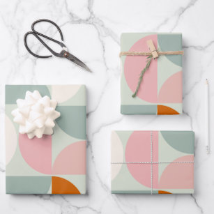 Mid Century Modern Sage Green Blush Orange Pattern Wrapping Paper Sheet