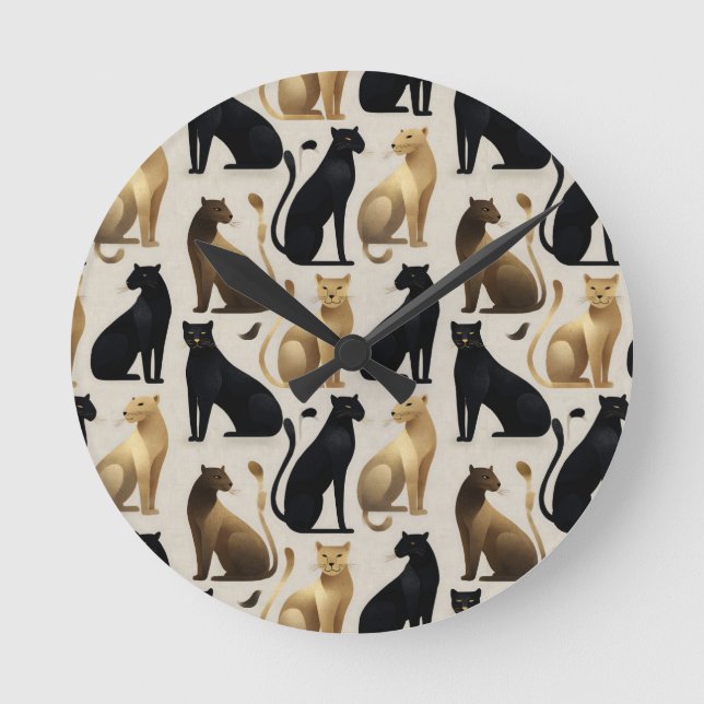 Mid-Century Modern Seamless Panther Pattern Round Clock (Front)