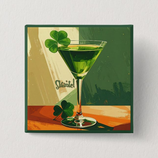Mid Century Modern Shamrock Martini Sláinte!  2 Inch Square Button (Front)