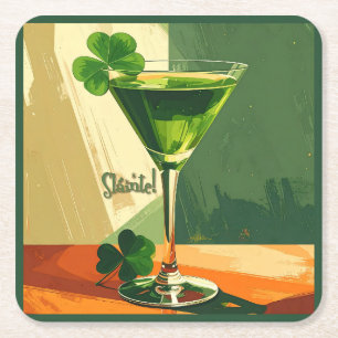 Mid Century Modern Shamrock Martini Sláinte!  Square Paper Coaster