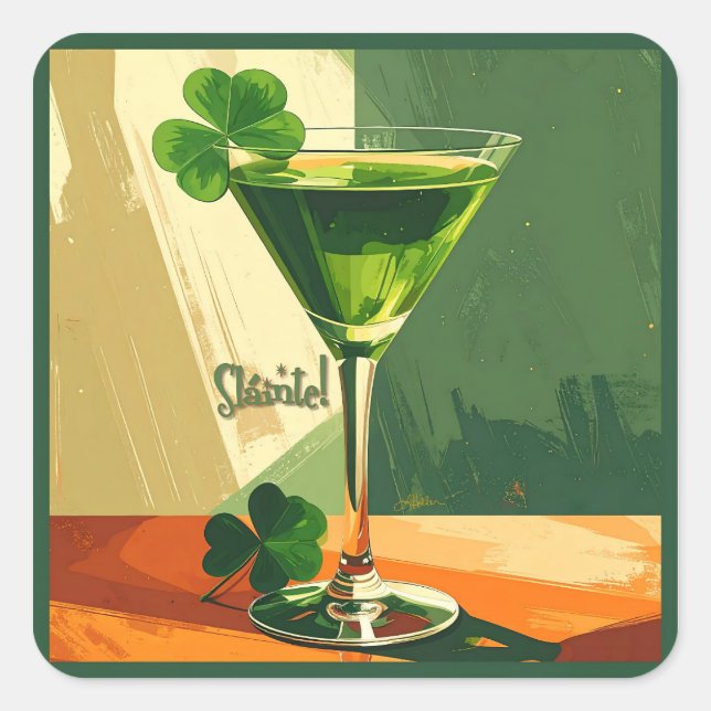 Mid Century Modern Shamrock Martini Sláinte!  Square Sticker (Front)