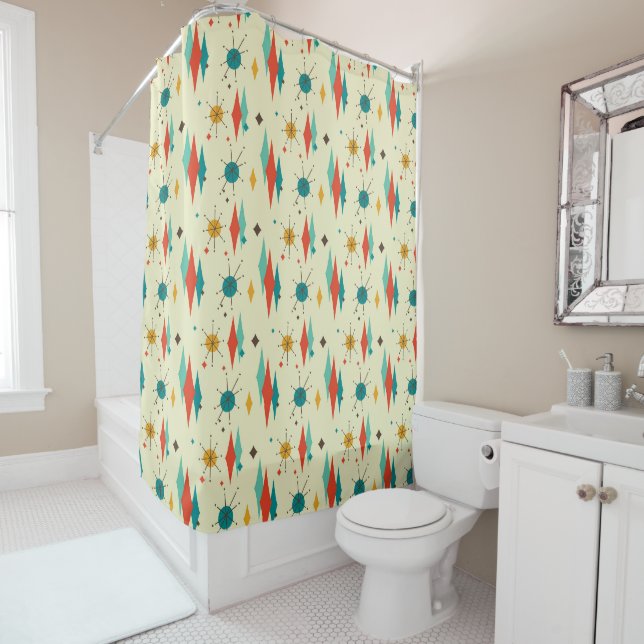 Mid-Century Modern Shower Curtain, Diamond Pattern (In Situ)