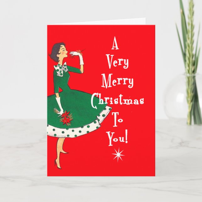 Mid Century Modern Single Girl Merry Christmas Holiday Card (Front)