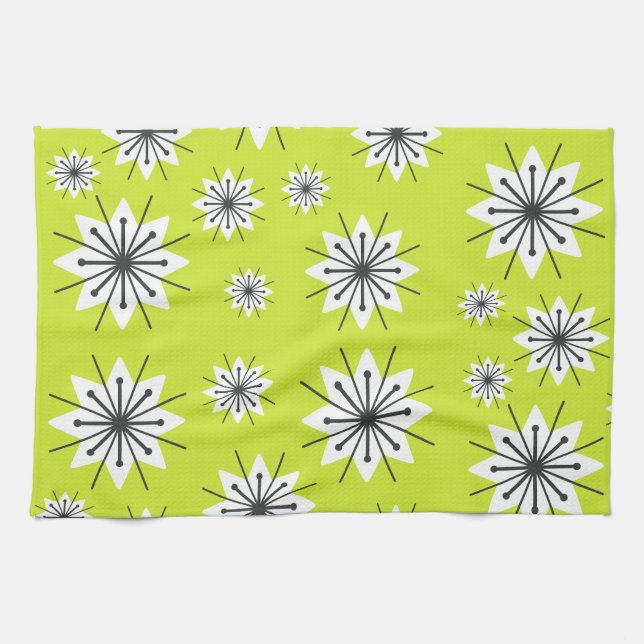 Mid Century Modern Snowflakes Chartreuse Kitchen Towel (Horizontal)