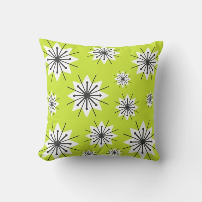 Mid Century Modern Snowflakes Chartreuse Throw Pillow (Front)