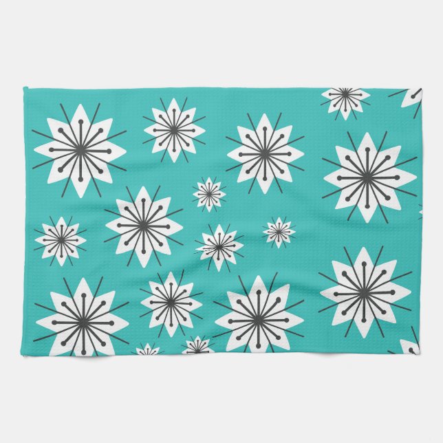 Mid Century Modern Snowflakes Turquoise Kitchen Towel (Horizontal)