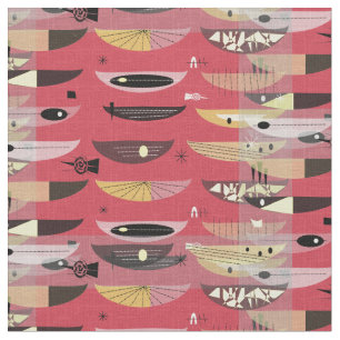 Mid-Century Modern Space Age Abstract Red Black Fabric
