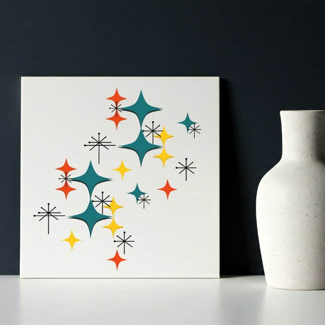Mid Century Modern Space Age Diamonds Starbursts Tile (Mid Century Modern Starbursts Stars Diamonds Pattern Red Teal Yellow)
