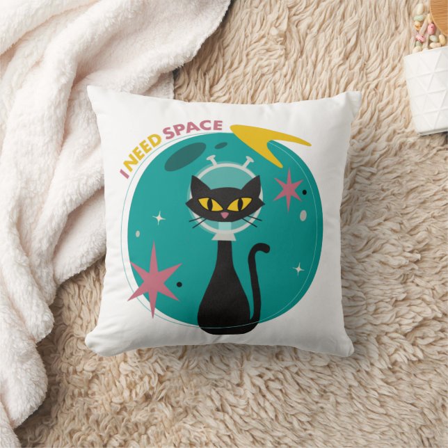 Mid Century Modern Space Cat  Throw Pillow (Blanket)